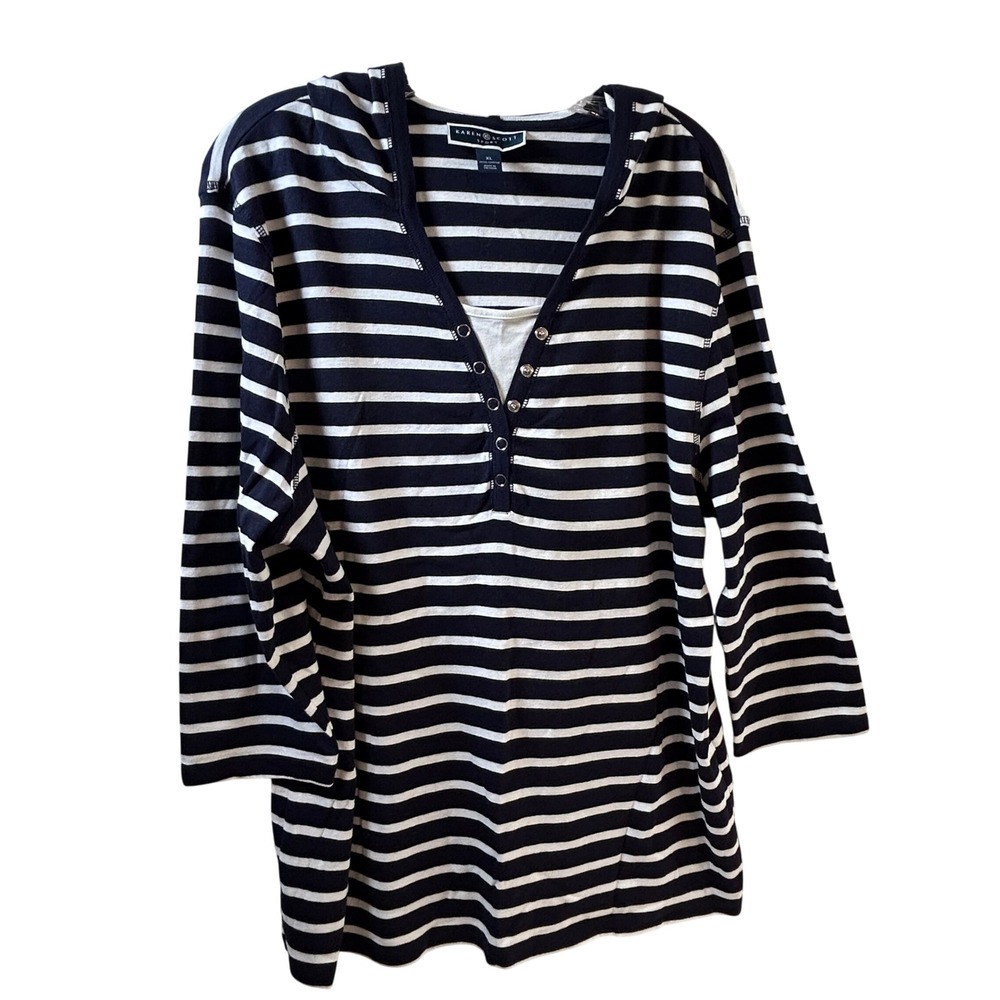 Karen Scott Sport Navy White Striped Hooded Henley Top XL 3/4 Sleeve Cotton